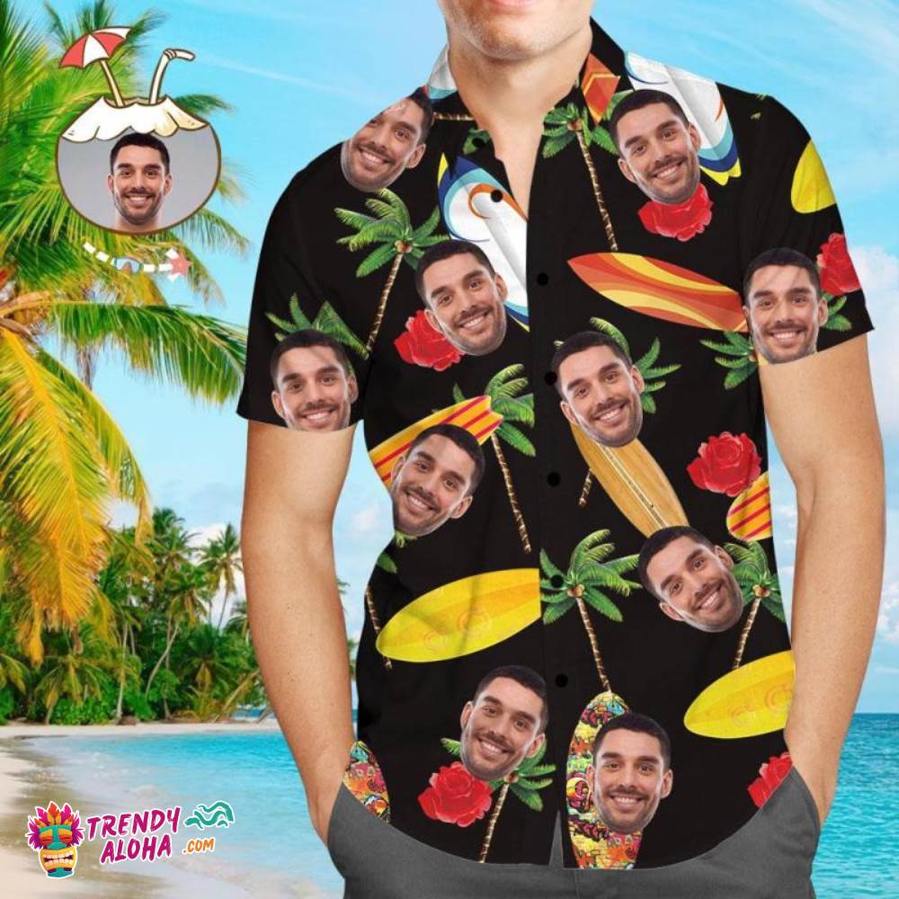 Custom Trendy Aloha Hawaiian Shirts Surfboards Pipeline & Palm Trees Personalized Aloha Beach Shirt For Men