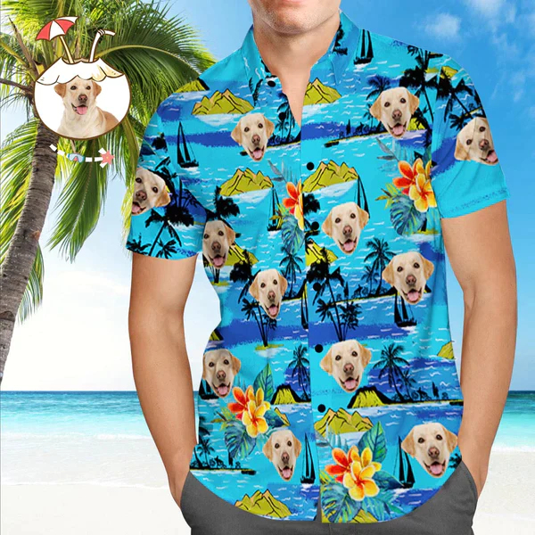 Custom Trendy Hawaiian Shirt With Dog Face Men’s Trendy Hawaiian Shirt Red Flowers Casual Shirt