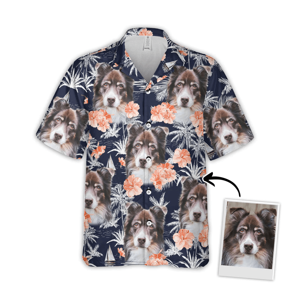 Custom Trendy Hawaiian Shirt With Pet Face, Gift For Pet Lovers, Orange Flower, Coconut, Palm Trees And Sailboat Dark Navy Color Aloha Shirt