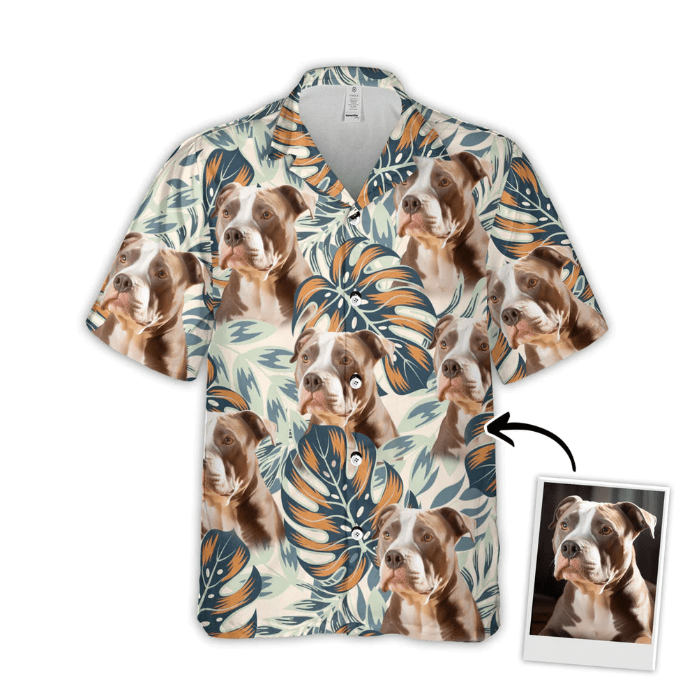 Custom Trendy Hawaiian Shirt With Pet Face, Personalized Gift For Pet Lovers, Tropical Bright Plants And Leaves Beige Color Aloha Shirt