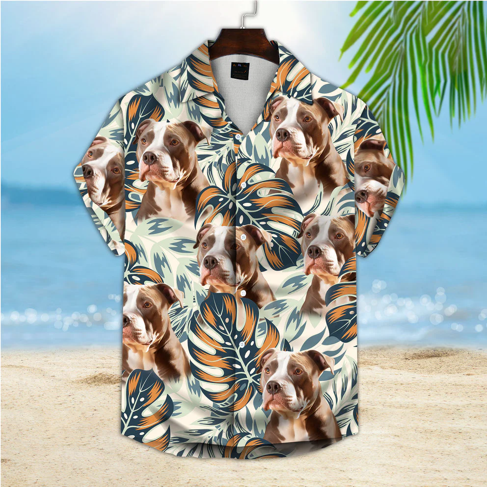 Custom Trendy Hawaiian Shirt With Pet Face, Personalized Gift For Pet Lovers, Tropical Bright Plants And Leaves Beige Color Aloha Shirt Custom Trendy Hawaiian Shirt With Pet Face, Personalized Gift For Pet Lovers, Tropical Bright Plants And Leaves Beige Color Aloha Shirt