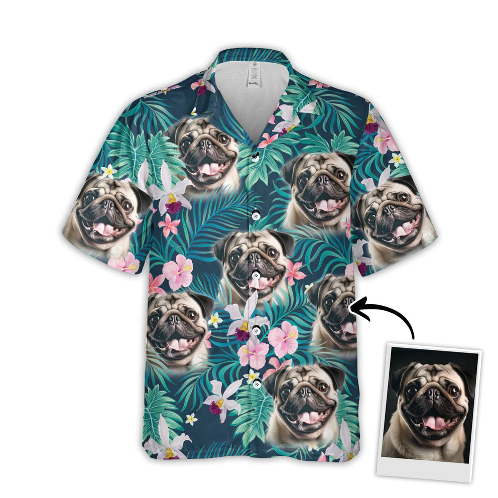 Custom Trendy Hawaiian Shirt With Pet Face, Personalized Gift For Pet Lovers, Tropical Seamless Palm Leaves And Flower Pink & Green Color Aloha Shirt Custom Trendy Hawaiian Shirt With Pet Face, Personalized Gift For Pet Lovers, Tropical Seamless Palm Leaves And Flower Pink & Green Color Aloha Shirt