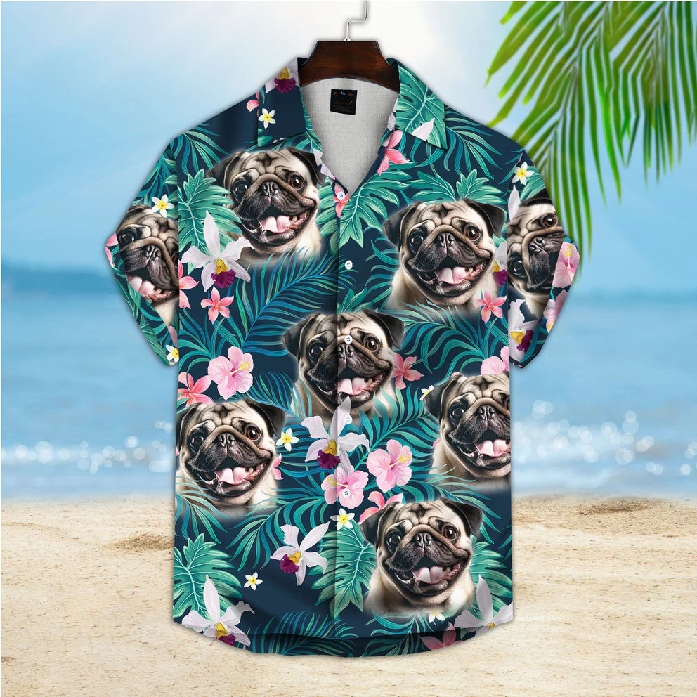 Custom Trendy Hawaiian Shirt With Pet Face, Personalized Gift For Pet Lovers, Tropical Seamless Palm Leaves And Flower Pink & Green Color Aloha Shirt