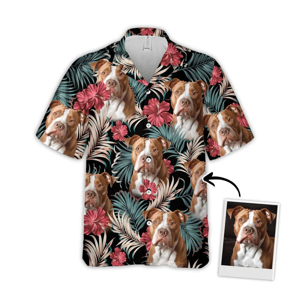 Custom Trendy Hawaiian Shirt With Pet Face, Personalized Gift For Pet Lovers, Vintage Beautiful Hibiscus And Palms Dark Emerald Color Aloha Shirt