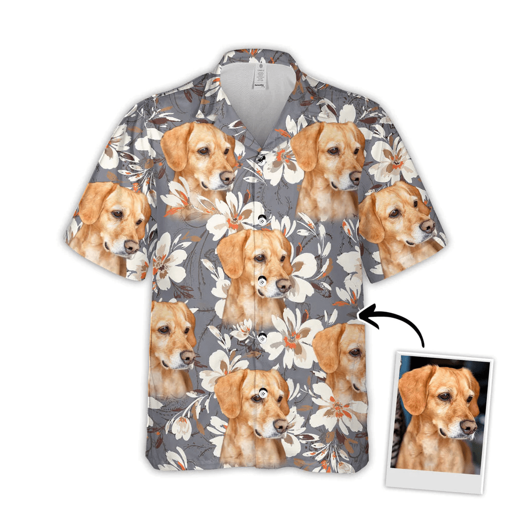 Custom Trendy Hawaiian Shirt With Pet Face, Personalized Gift For Pet Lovers, Watercolor Flower Gray Color Aloha Shirt