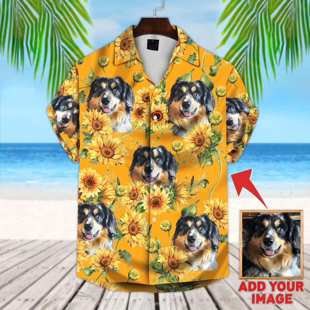 Customized Photo Turquoise And Blue Tropical Leaves Pattern Short-Sleeve Trendy Hawaiian Shirt, Trendy Hawaiian Shirt For Men, Summer Gift
