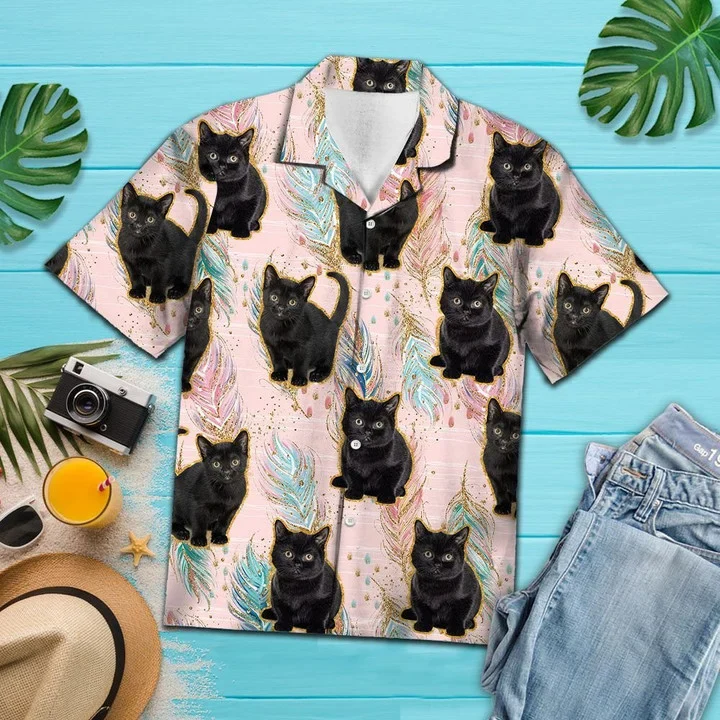 Cute Baby Black Cat Boho Feather Pattern Trendy Hawaiian Shirt