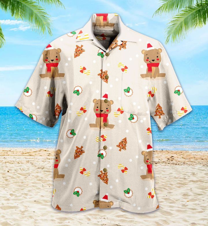 Cute Bear Christmas Cookies Beige Trendy Hawaiian Shirt 3D Summer Gifts