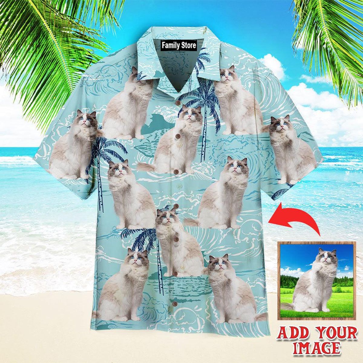 Cute Blue Bicolor Ragdoll On Big Wave Tropical Custom Hawaiian Shirt