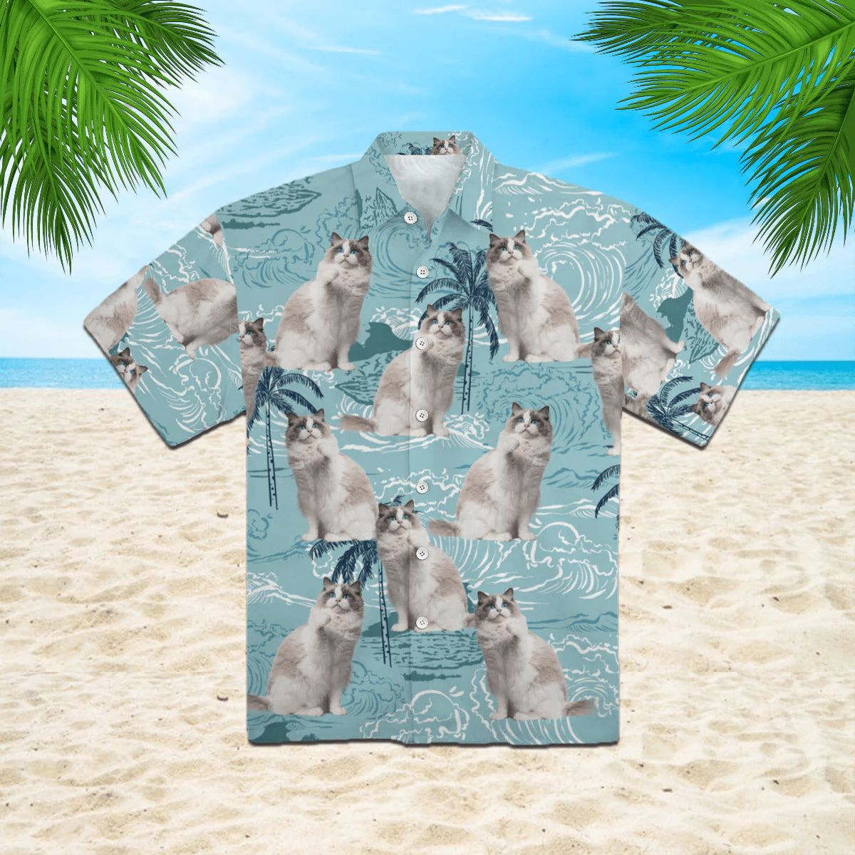 Cute Blue Bicolor Ragdoll On Big Wave Tropical Pattern Hawaiian Shirt Aloha Shirt