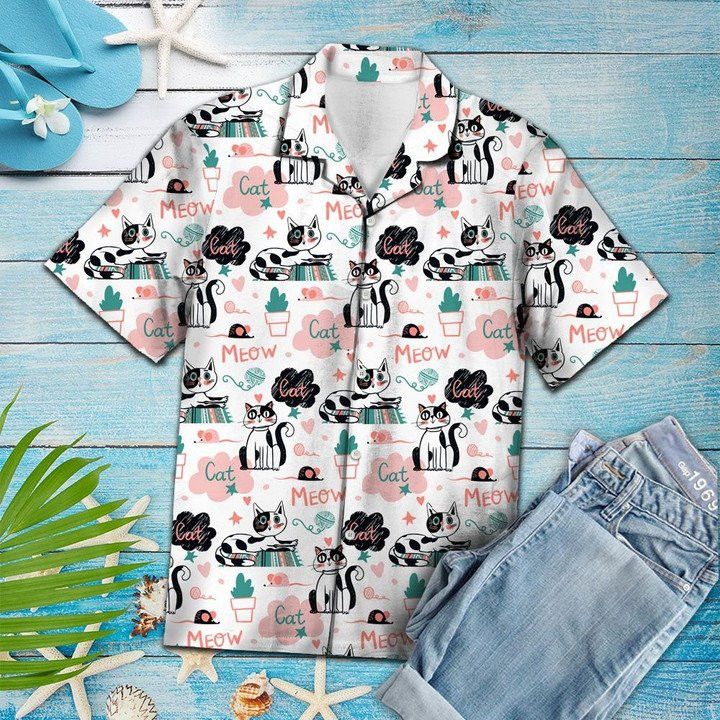 Cute Cat Say Meow Activities Of A Day Pattern Trendy Hawaiian Shirt