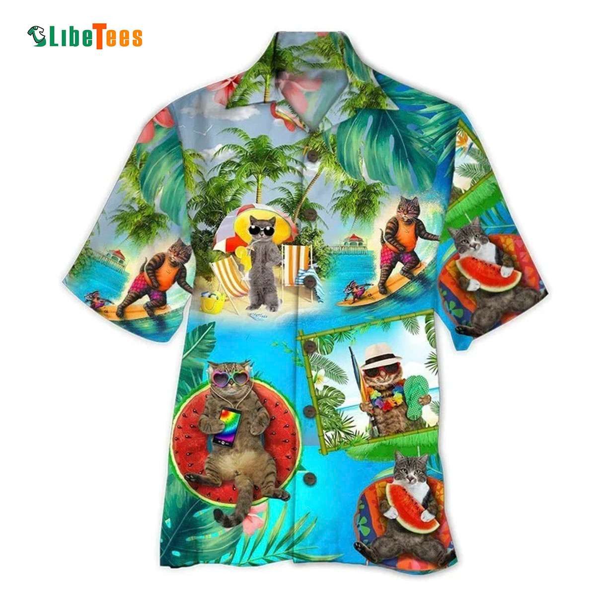 Cute Cats Wear Black Glasses On Beach, Cat Trendy Hawaiian Shirt Perfect Gifts For Your Loved Ones