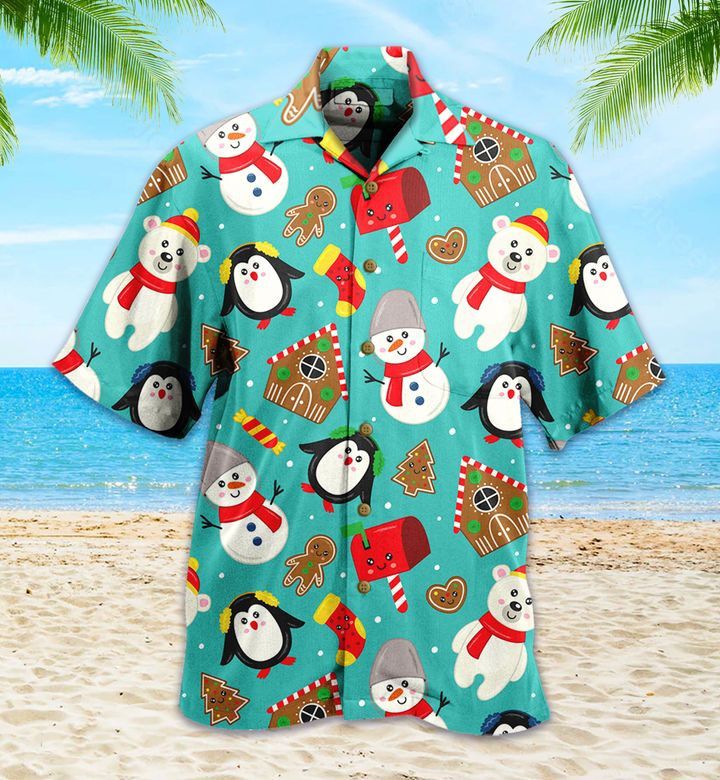 Cute Christmas Penguin Polar Bear Green Trendy Hawaiian Shirt 3D Summer Gifts