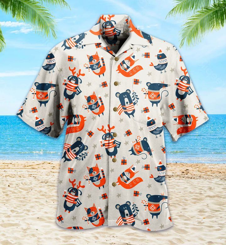 Cute Fox Christmas Beige Trendy Hawaiian Shirt 3D, Fox Lover Trendy Hawaiian Shirt For Summer Gifts