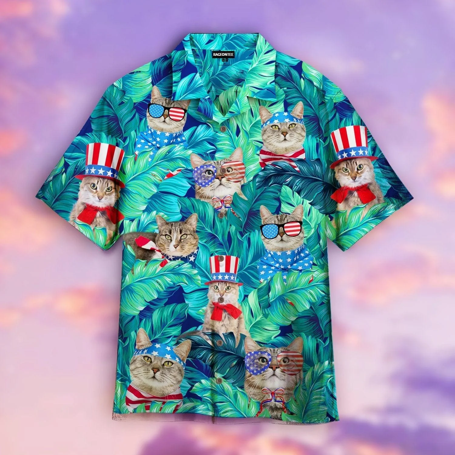 Cute Funny Cat American Flag Style Hawaiian Shirt For