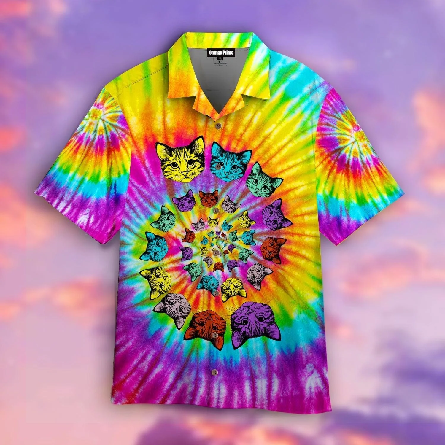 Cute Hippie Cat in Tie Dye Style Hawaiian Shirt