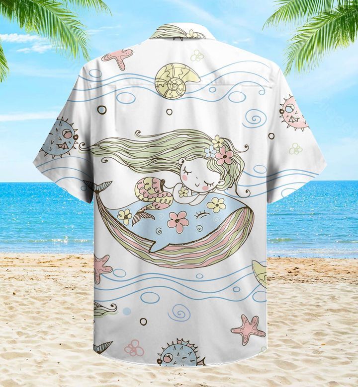 Cute Little Mermaid Sleeping On A Whale White Trendy Hawaiian Shirt 3D Summer Gifts