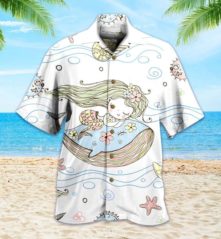 Cute Little Mermaid Sleeping On A Whale White Trendy Hawaiian Shirt 3D Summer Gifts