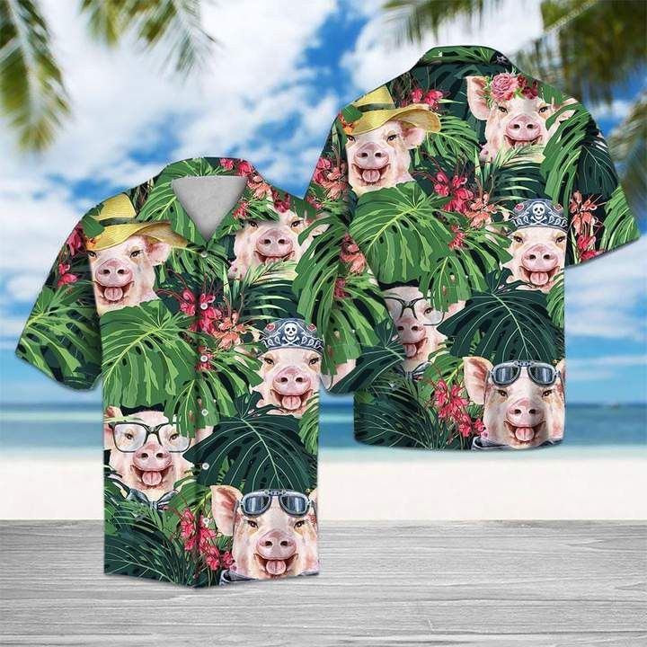 Cute Pig and Tropical Flower Fusion in Hawaiian Shirt