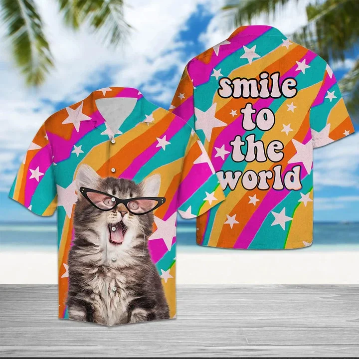 Cute Pink Glasses Cat Smile To The World Trendy Hawaiian Shirt, Gift For Cat Lovers