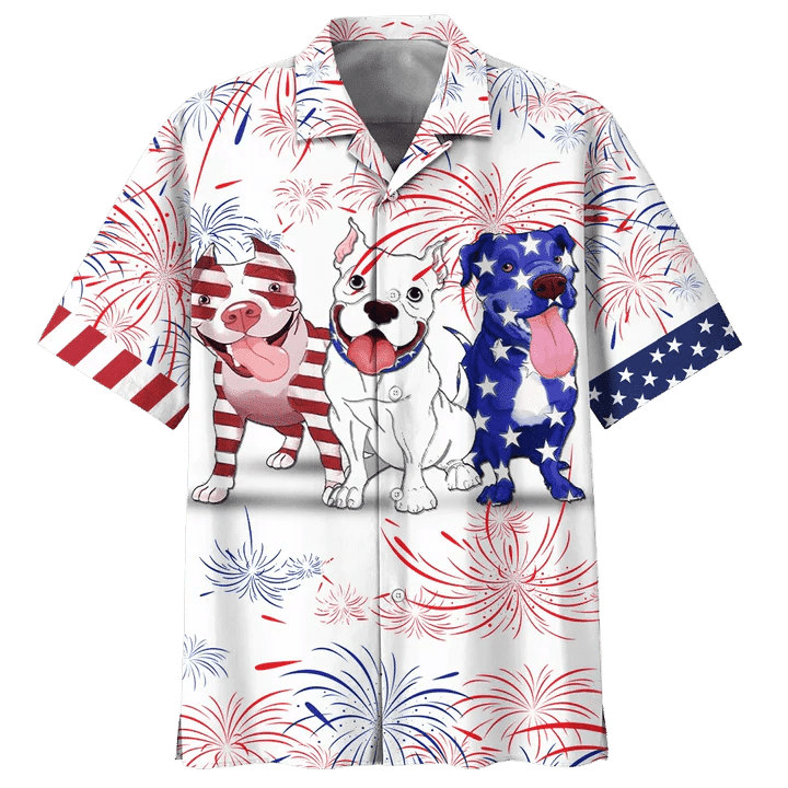 Cute Pitbull Pattern Red And Blue Firework Trendy Hawaiian Shirt Cute Pitbull Pattern Red And Blue Firework Trendy Hawaiian Shirt