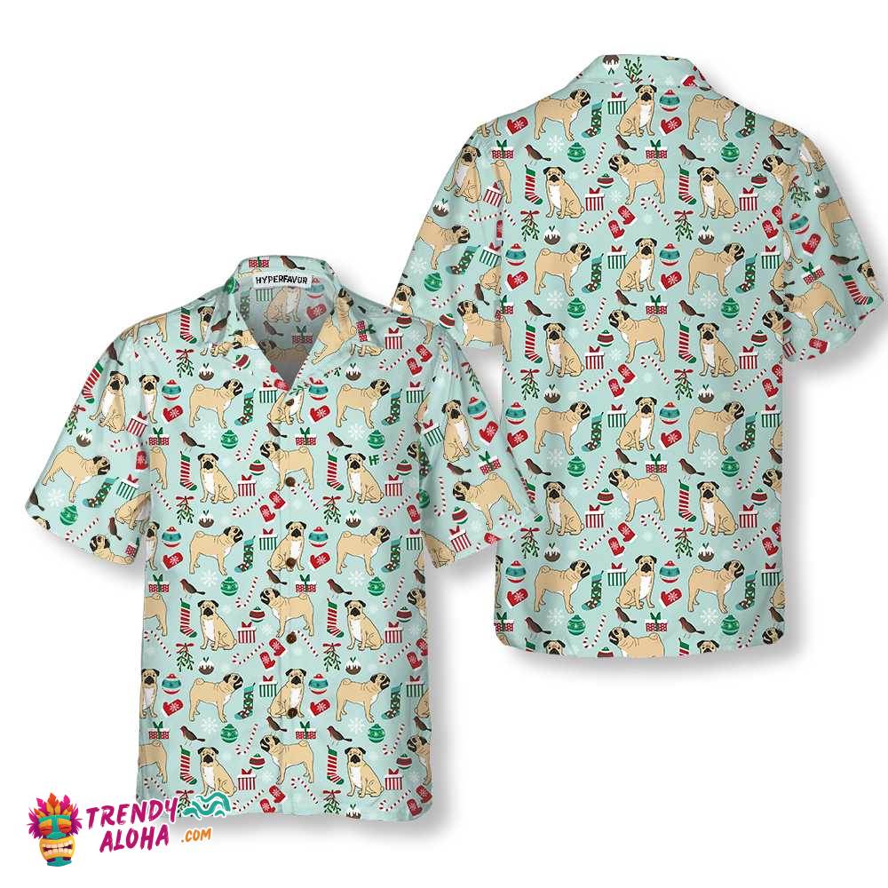 Cute Pug Xmas Holiday Hawaiian Shirt, Funny Christmas Dog Hawaiian Shirt