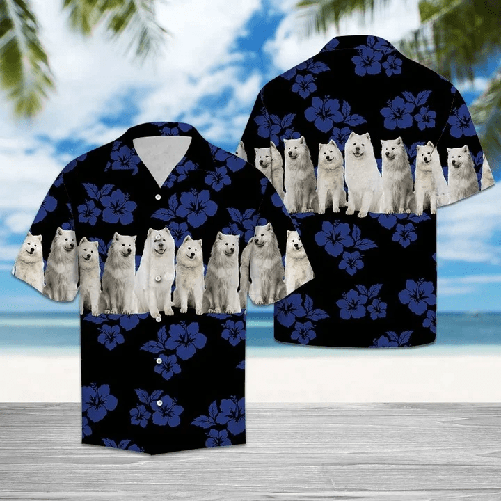 Cute Samoyed Dogs With Blue Hibiscus In Black Trendy Hawaiian Shirt