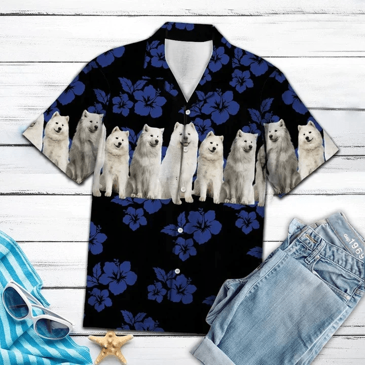 Cute Samoyed Dogs With Blue Hibiscus In Black Trendy Hawaiian Shirt Cute Samoyed Dogs With Blue Hibiscus In Black Trendy Hawaiian Shirt