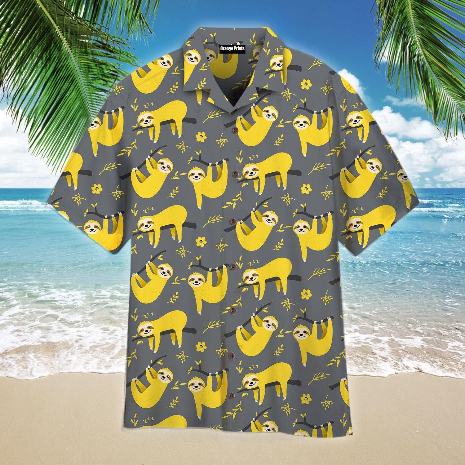 Cute Sloth Seamless Pattern In Yellow And Gray Trendy Hawaiian Shirt