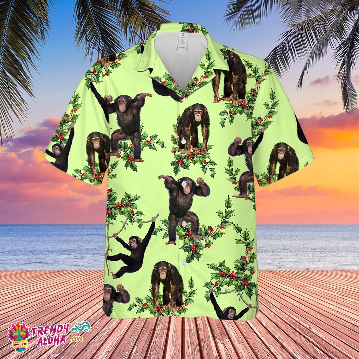 Dabbing Monkeys Green Tropical Aloha Hawaiian Beach Shirt