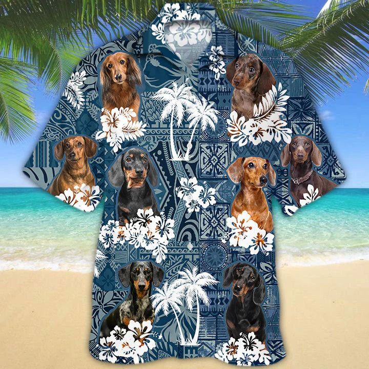 Dachshund 1 Hawaiian Tropical Plants Pattern Blue And White All Over Printed 3D Trendy Hawaiian Shirt