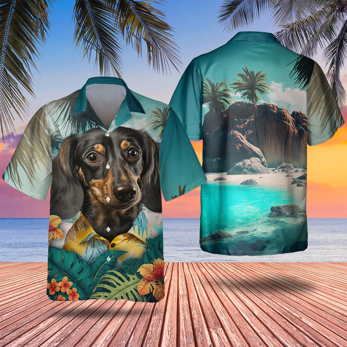 Dachshund 2 3D Tropical Trendy Hawaiian Shirt, Dog Lover Trendy Hawaiian Shirt, Summer Trendy Hawaiian Shirt For Men And Women