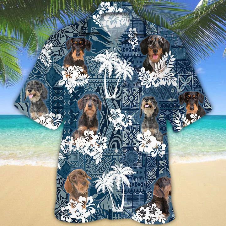 Dachshund 2 Hawaiian Tropical Plants Pattern Blue And White All Over Printed 3D Trendy Hawaiian Shirt