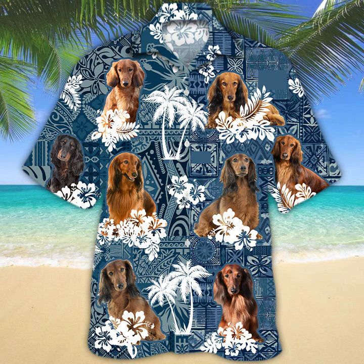 Dachshund 3 Hawaiian Tropical Plants Pattern Blue And White All Over Printed 3D Trendy Hawaiian Shirt