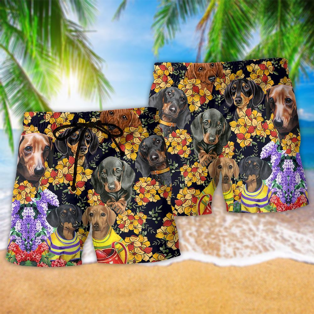 Dachshund And Flowers Lovely Trendy Aloha Hawaiian Beach Shorts