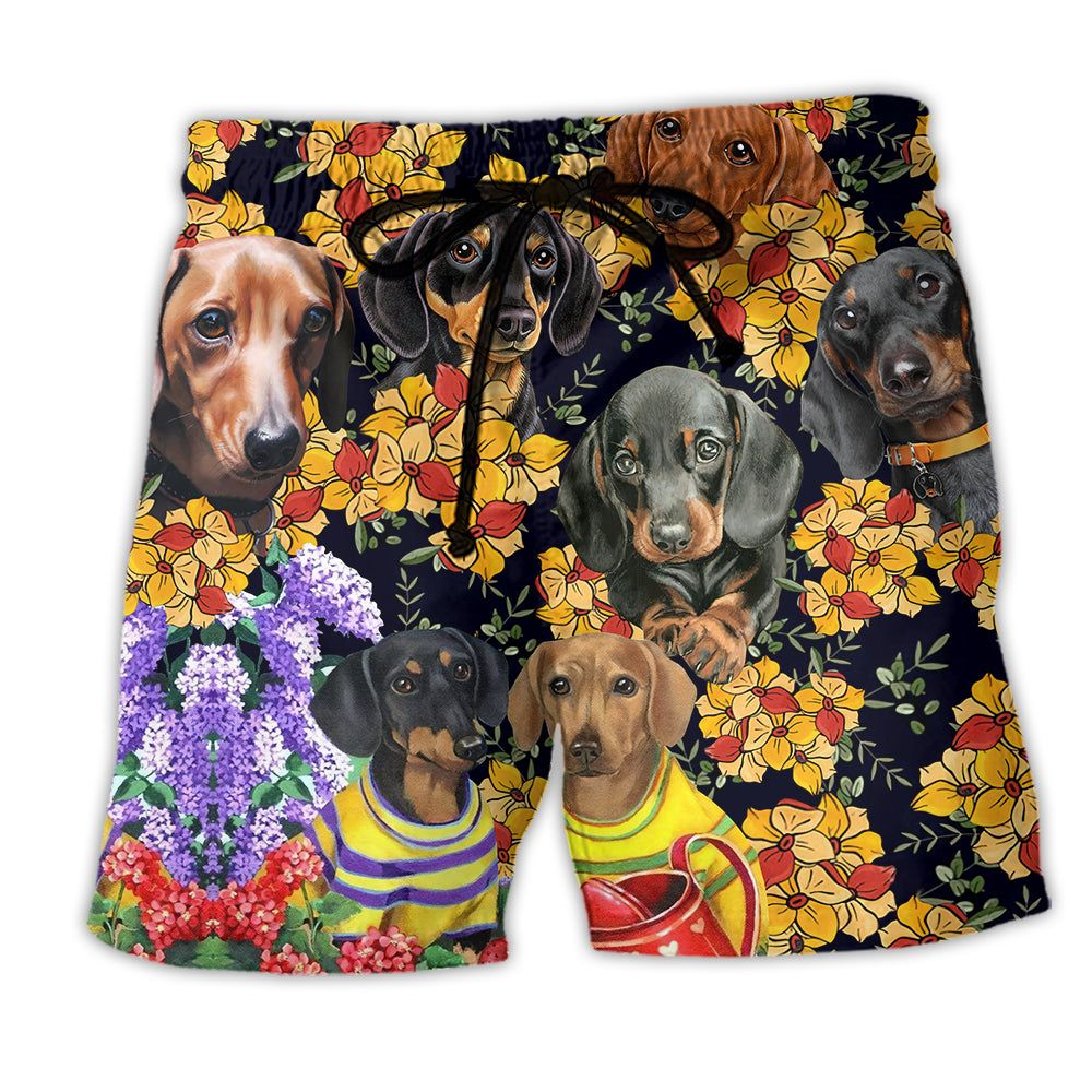 Dachshund And Flowers Lovely Trendy Aloha Hawaiian Beach Shorts