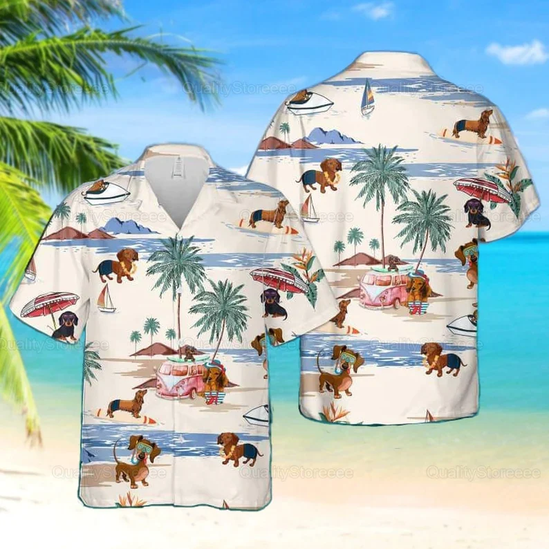 Dachshund Beach Summer Trendy Hawaiian Shirt, Dachshund Button Shirt, Dachshund Beach Shirt