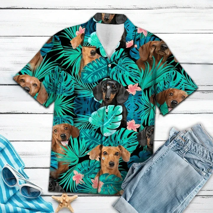 Dachshund Behind Tropical Leave Trendy Hawaiian Shirt