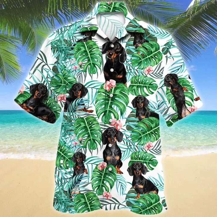 Dachshund Dog Tropical Plant White Theme Trendy Hawaiian Shirt Dachshund Dog Tropical Plant White Theme Trendy Hawaiian Shirt