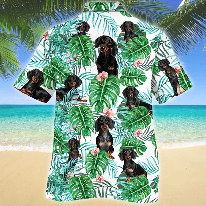 Dachshund Dog Tropical Plant White Theme Trendy Hawaiian Shirt