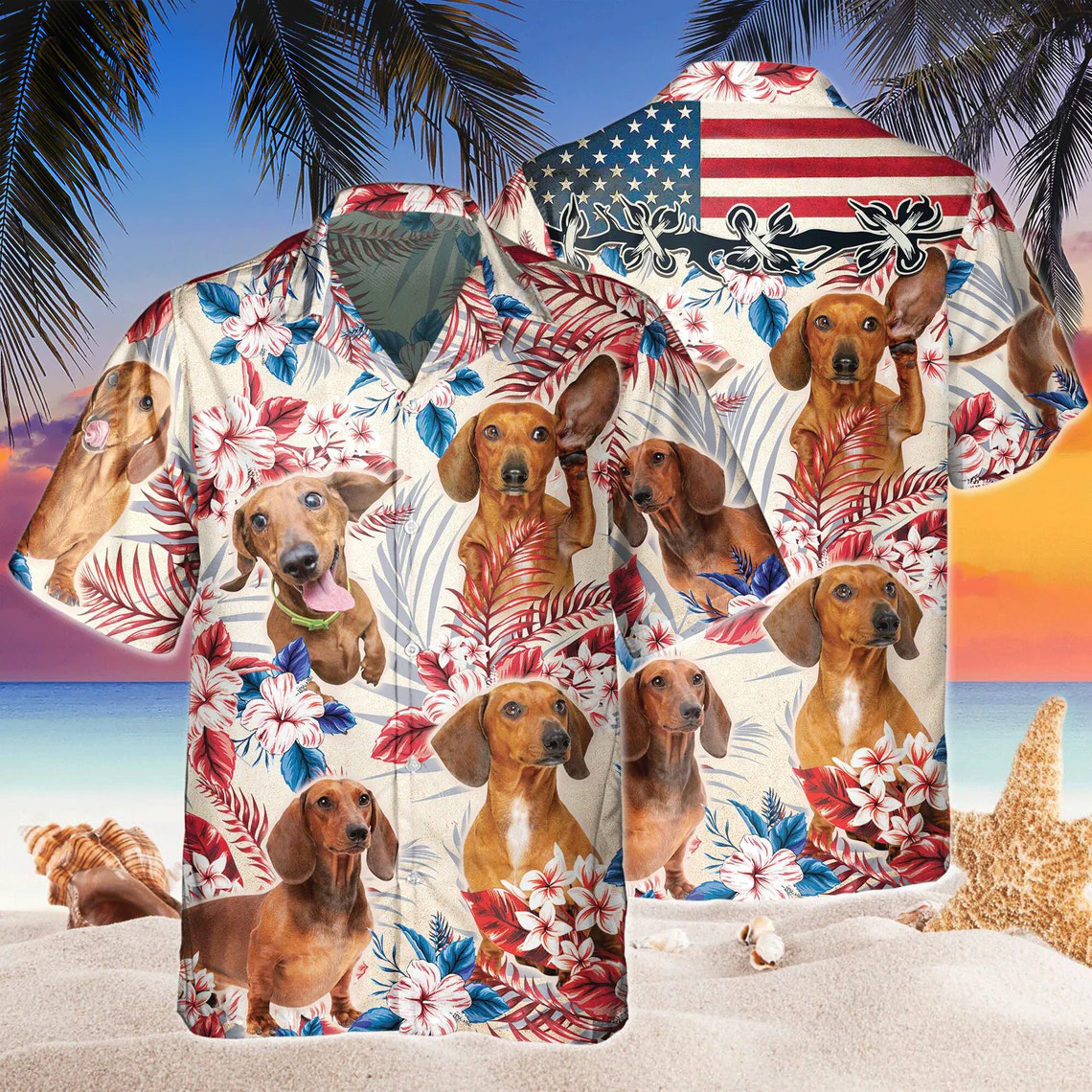Dachshund Dog United States Flag Hawaiian Flowers All Over Printed 3D Hawaiian Shirt