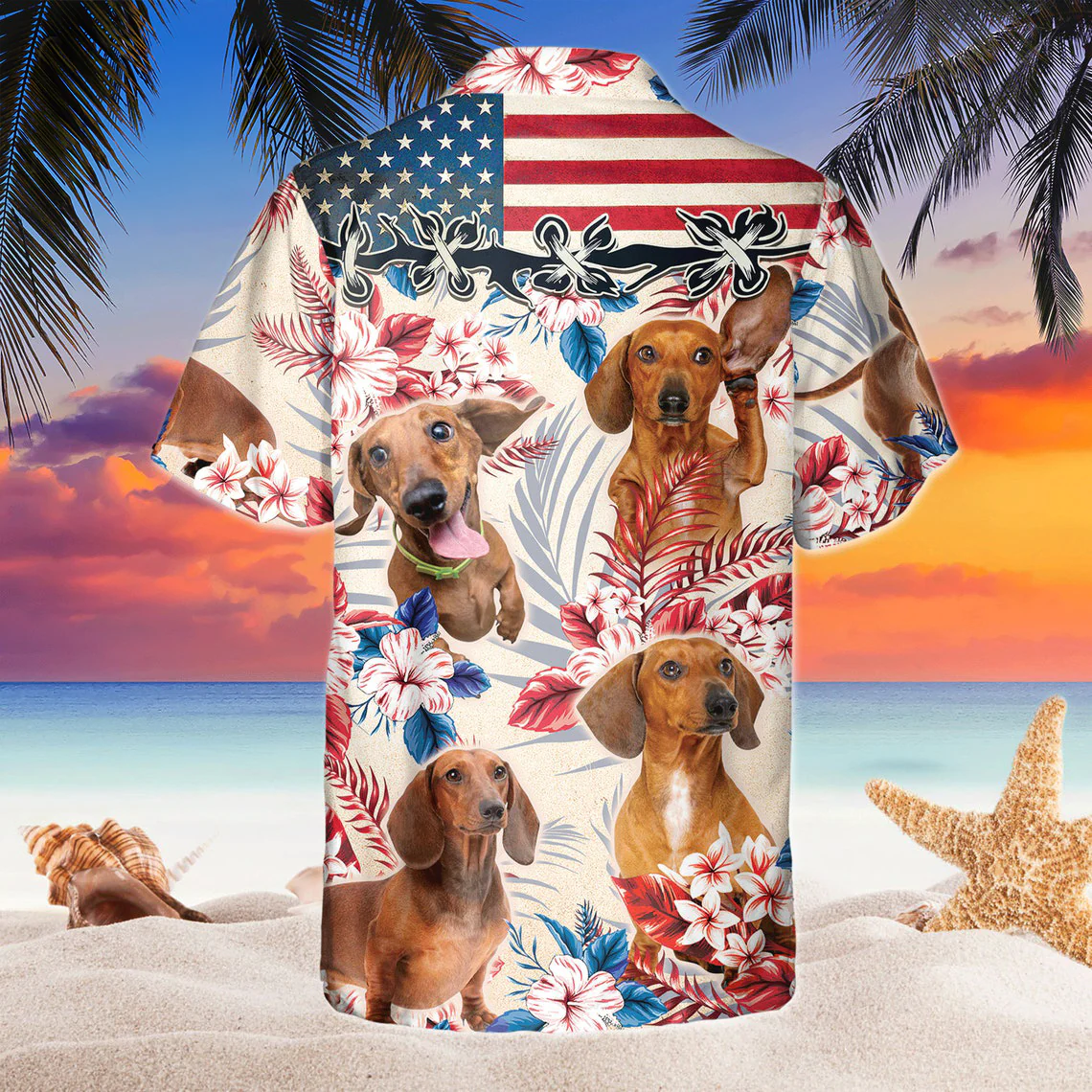 Dachshund Dog United States Flag Hawaiian Flowers All Over Printed 3D Hawaiian Shirt