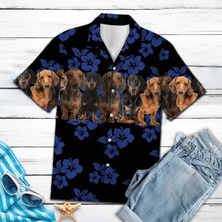 Dachshund Dogs With Blue Hibiscus In Black Trendy Hawaiian Shirt For Men And Women, Gift For Dog Lovers Dachshund Dogs With Blue Hibiscus In Black Trendy Hawaiian Shirt For Men And Women, Gift For Dog Lovers