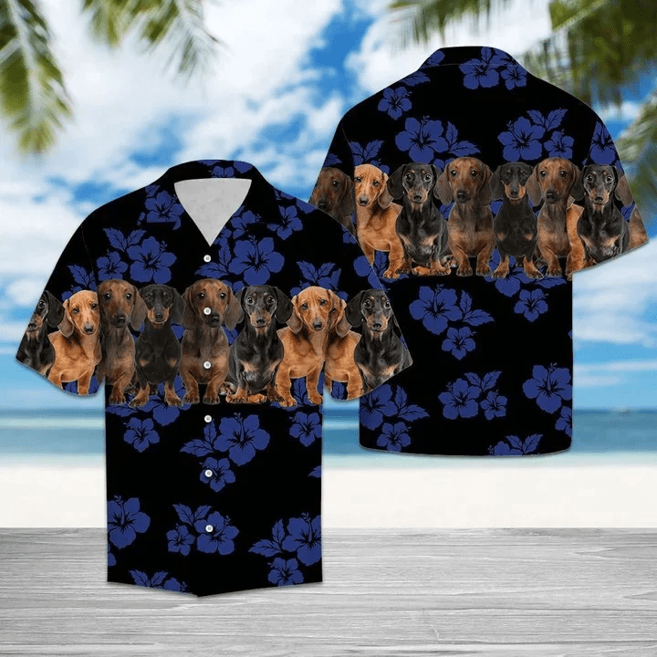 Dachshund Dogs With Blue Hibiscus In Black Trendy Hawaiian Shirt For Men And Women, Gift For Dog Lovers