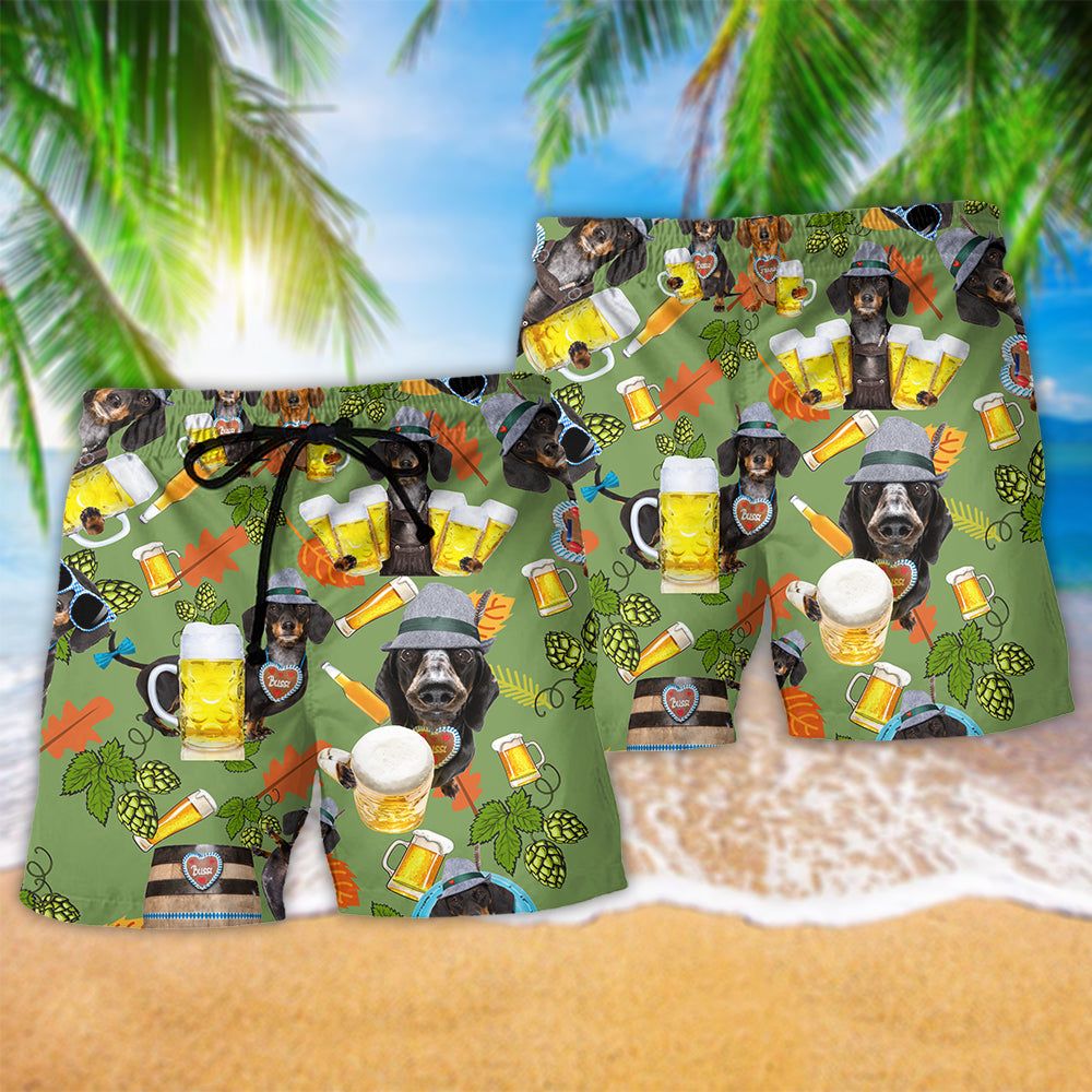 Dachshund Drinking Beer Cool Style Trendy Aloha Hawaiian Beach Shorts