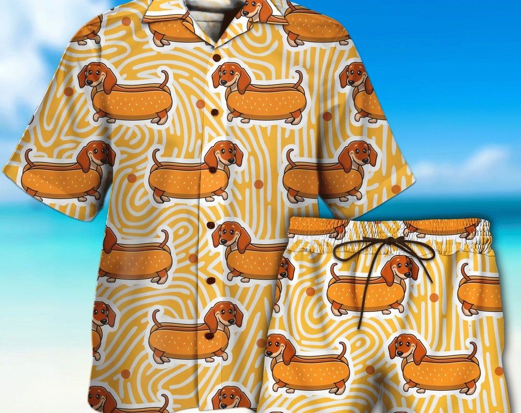 Dachshund Hot Dog 3D All Over Printed Trendy Hawaiian Shirt And Short, Tropical Beach Shirt Button Down Shirt, Birthday Presents, Hawaiian Set Gift