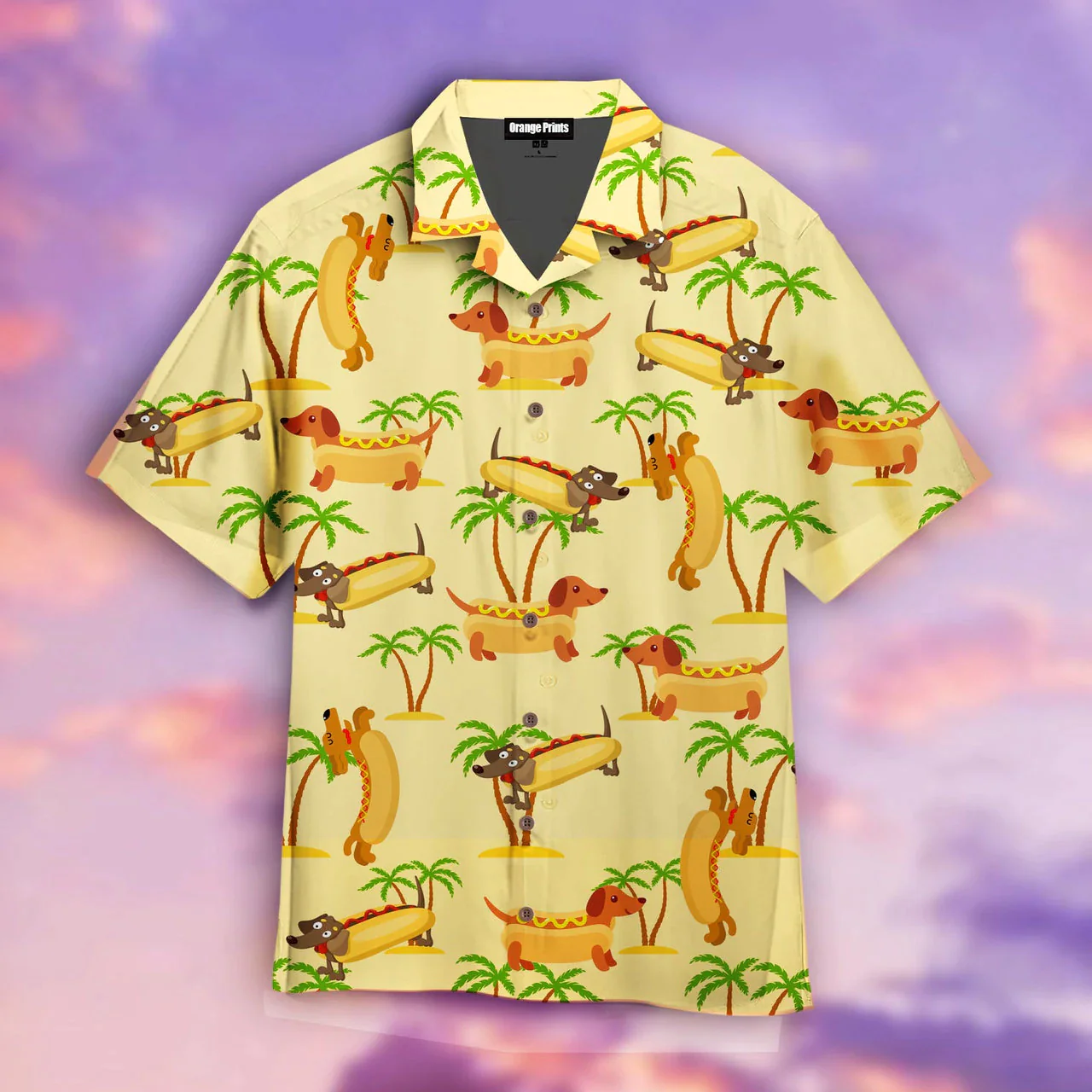 Dachshund in Hotdog Attire on Aloha Hawaiian Shirt