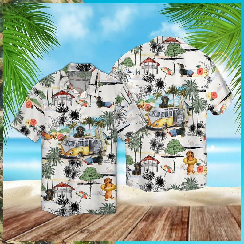 Dachshund in Retro Hawaiian Shirt with Beach Vibes