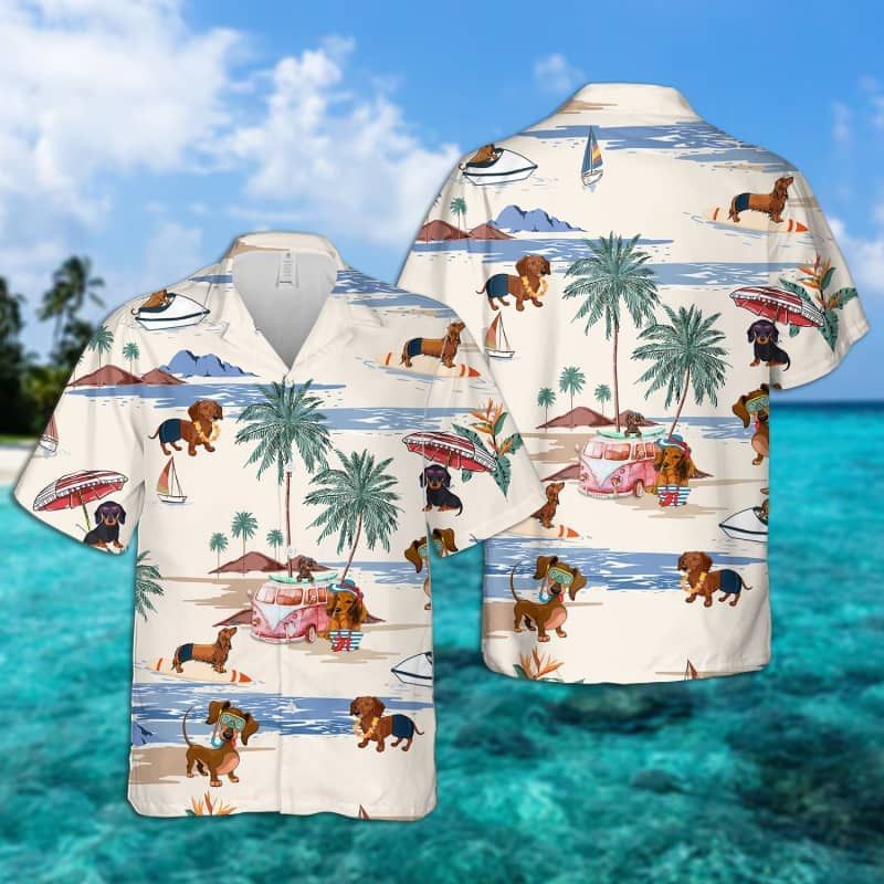 Dachshund Summer Beach Trendy Hawaiian Shirt, Dog Beach Short Sleeve Trendy Hawaiian Shirt