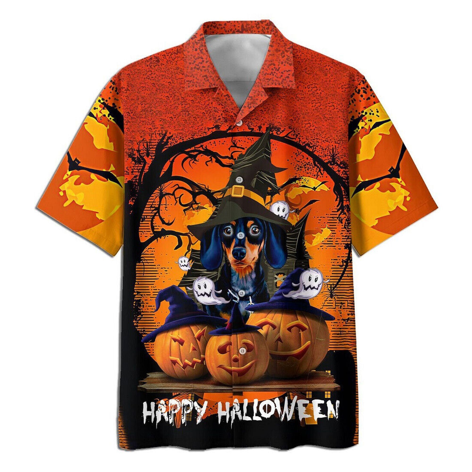 Dachshund Witch Jack O Lantern Pumpkins Halloween Trendy Hawaiian Shirt